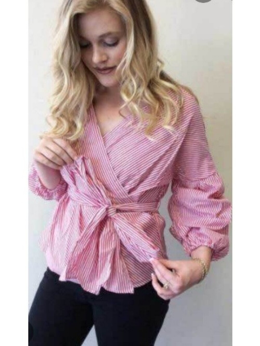 A NEW DAY Striped Cotton Long Sleeve Wrap Around Blouse Top Pink White 2XL XXL